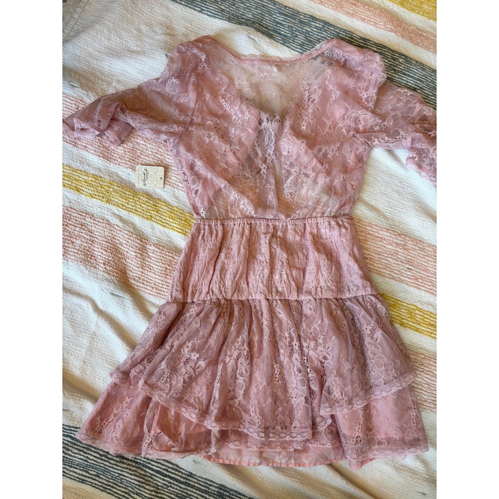 Free People Pink Lace Mini Dress Bell Sleeve Tiered Ruffle‎ Boho Festival Small